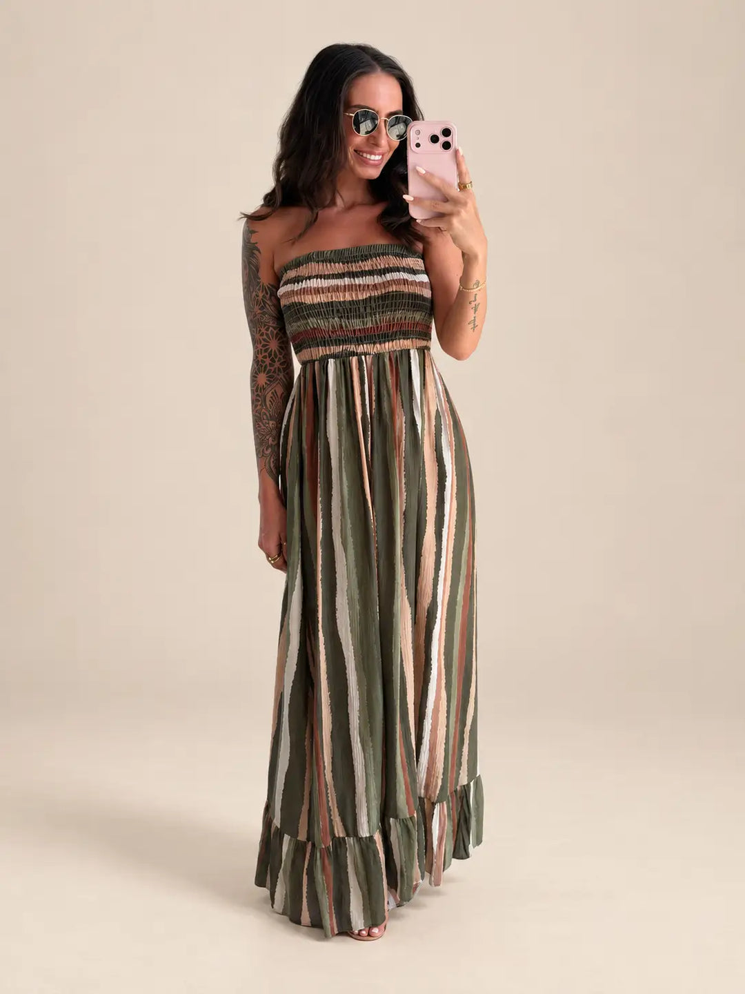 Maxi jurk dames in Khaki met bandeau top | Lisa’s Boutique