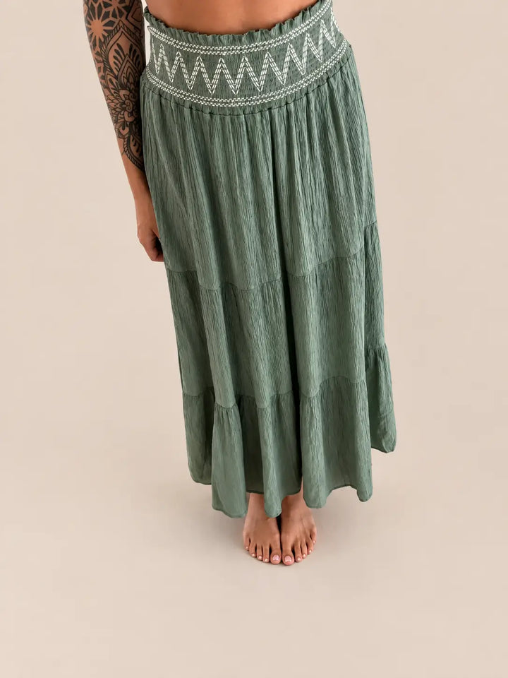 Women’s maxi skirt in Khaki, close up of the smocked waistband | Lisa’s Boutique