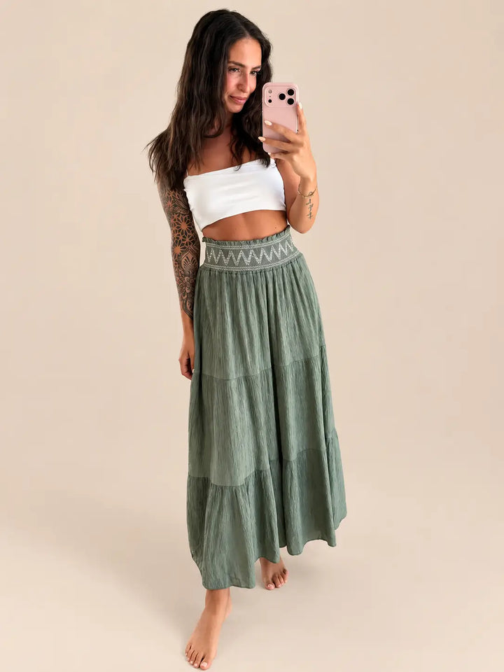 Women’s maxi skirt in Khaki with a smocked waistband and zigzag embroidery | Lisa’s Boutique
