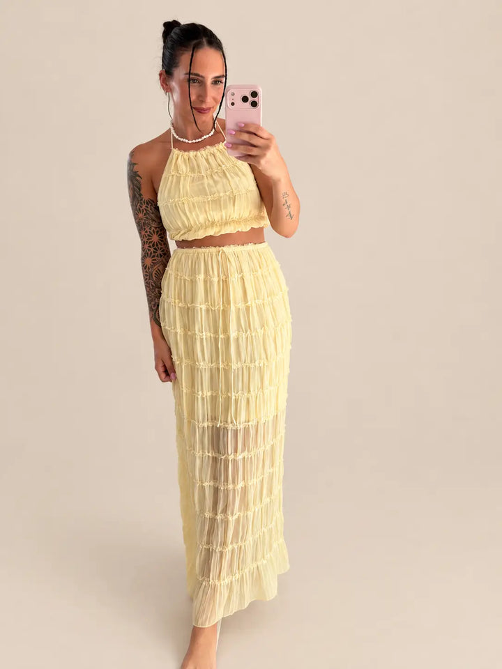 Yellow ruffle strap top and yellow textured maxi skirt | Lisa’s Boutique