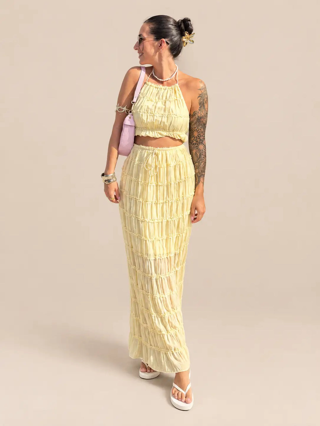 Yellow ruffle strap top and yellow textured maxi skirt, outfit view | Lisa’s Boutique