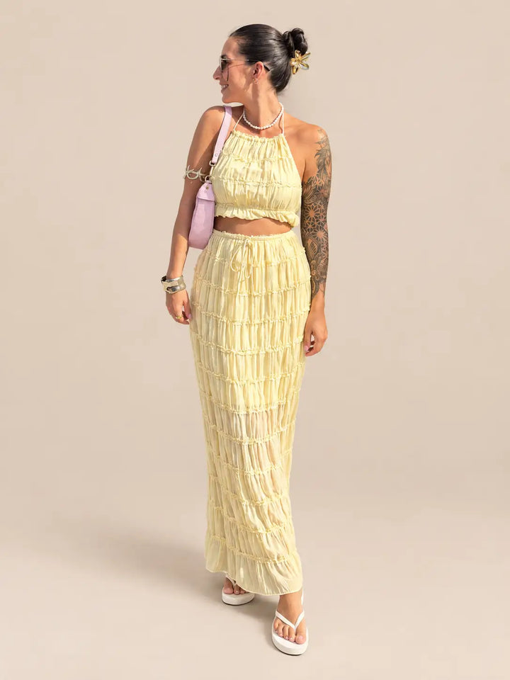 Yellow ruffle strap top and yellow textured maxi skirt, outfit view | Lisa’s Boutique