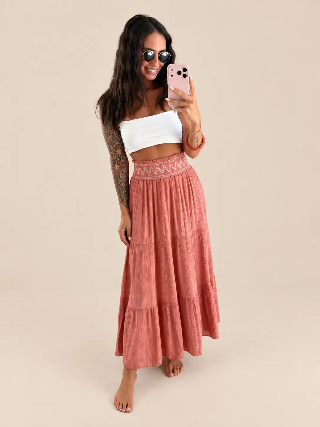 Women’s maxi skirt in Pepper Rose with a smocked waistband and zigzag embroidery | Lisa’s Boutique
