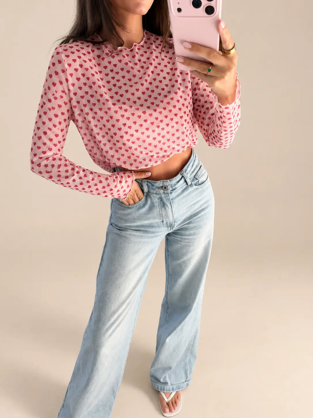 Women’s mesh longsleeve in Rose with hearts, Front view | Lisa’s Boutique