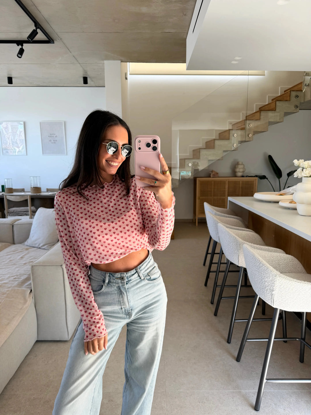 Mesh Longsleeve mit Herzen – Rosa Oberteil Lisas Boutique 