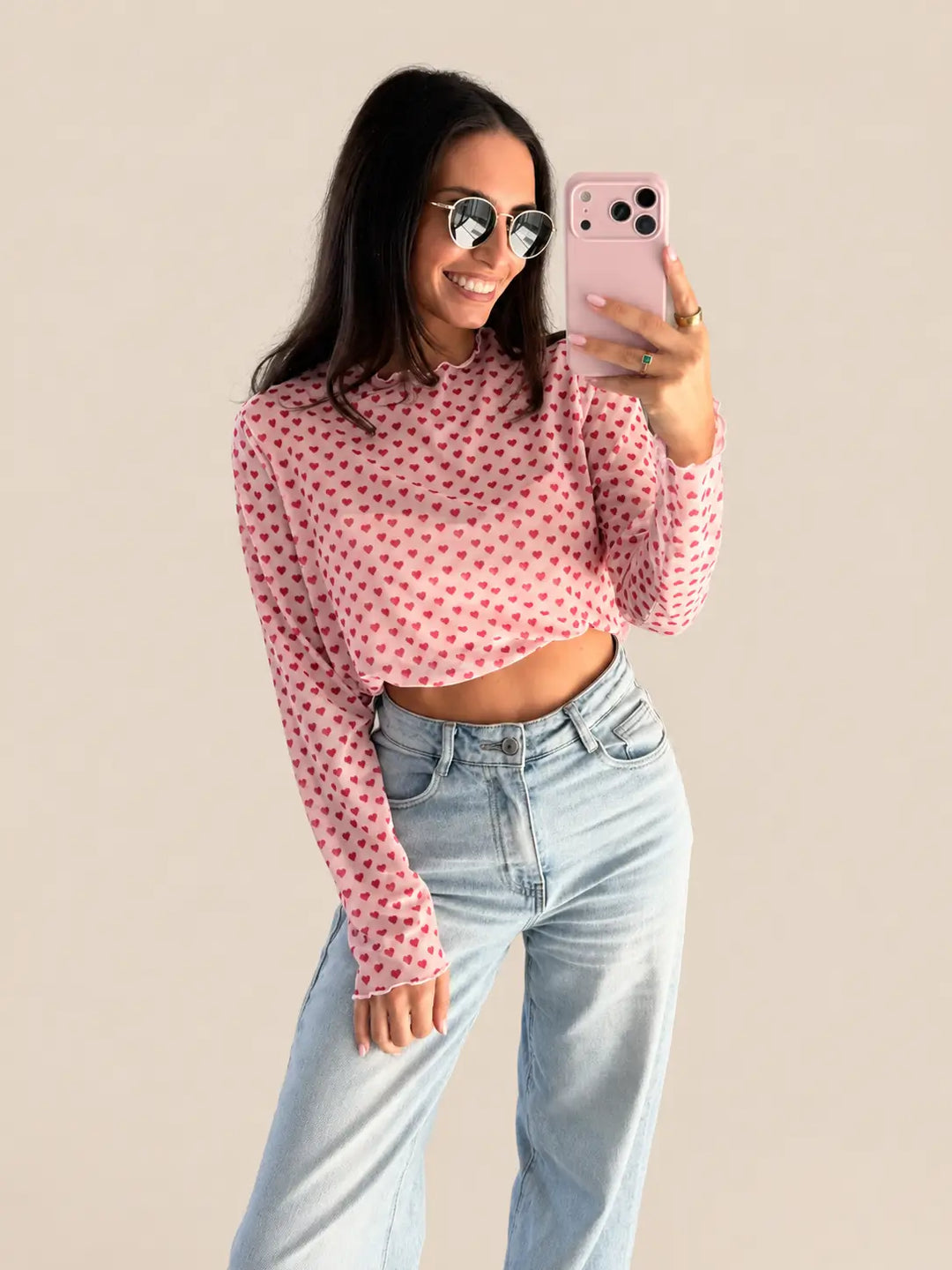 Women’s mesh longsleeve in Rose with a heart print | Lisa’s Boutique