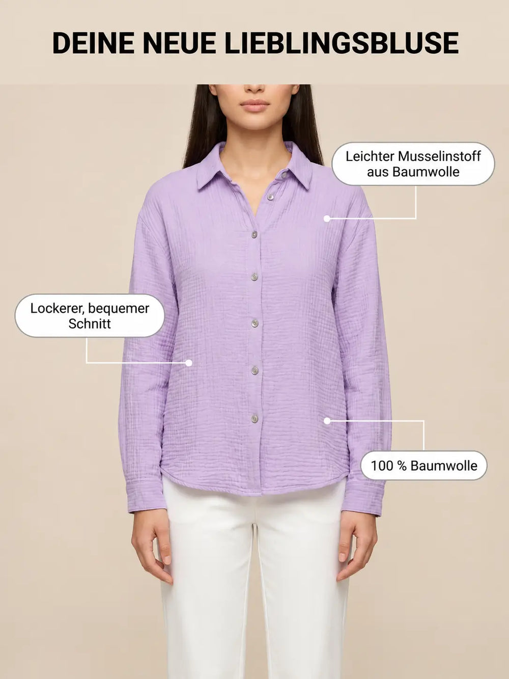 Women’s muslin blouse in Lilac, Front view | Lisa’s Boutique