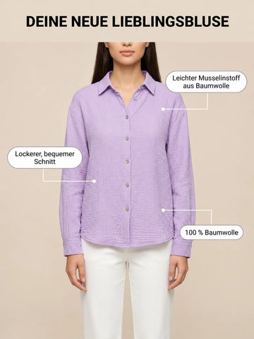 Camicetta a camicia donna lilla con colletto, vista frontale con indicazioni sul materiale | Lisa’s Boutique
