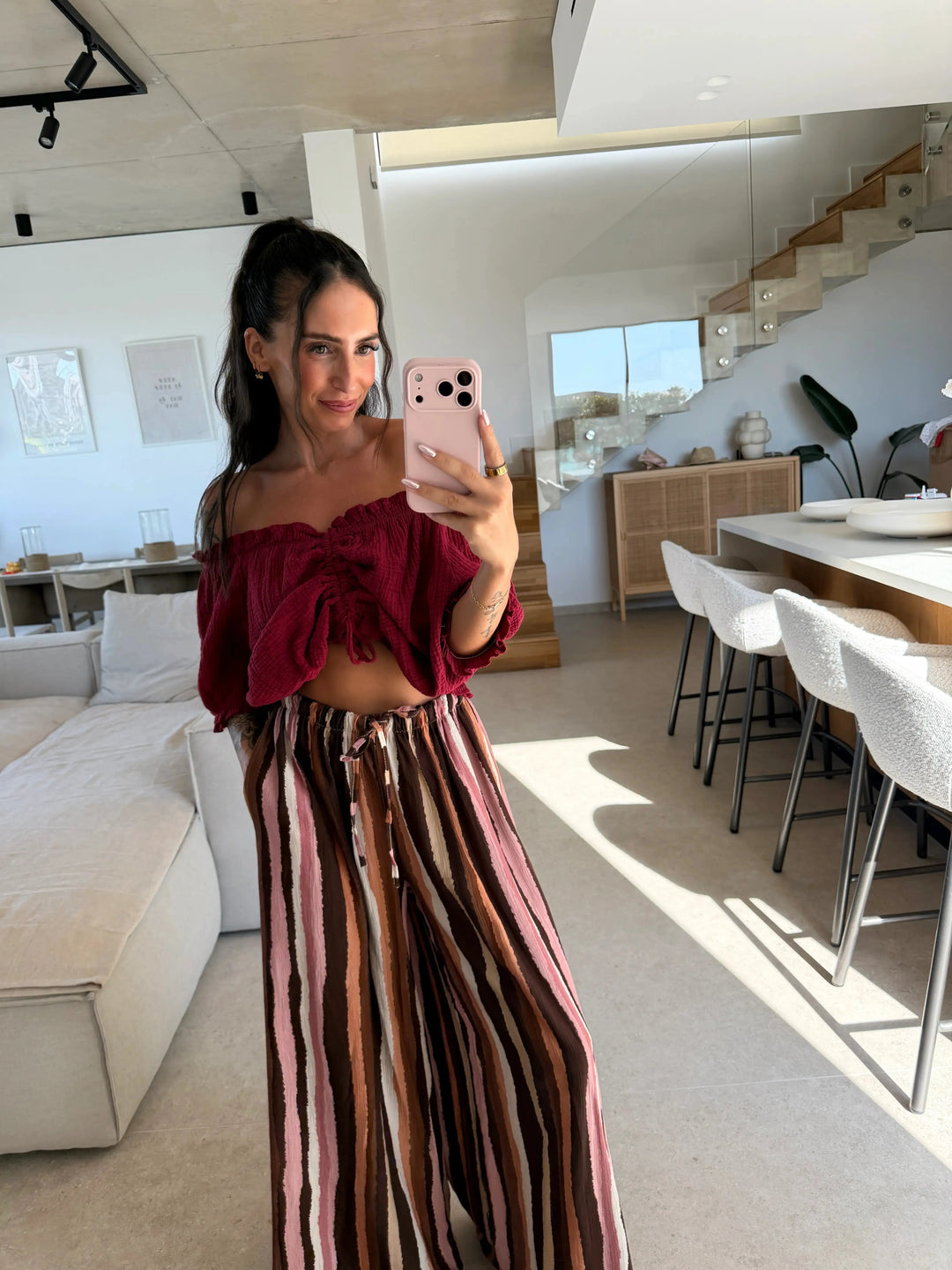 Ruched Muslin Blouse – Bordeaux – on a model | Lisa’s Boutique