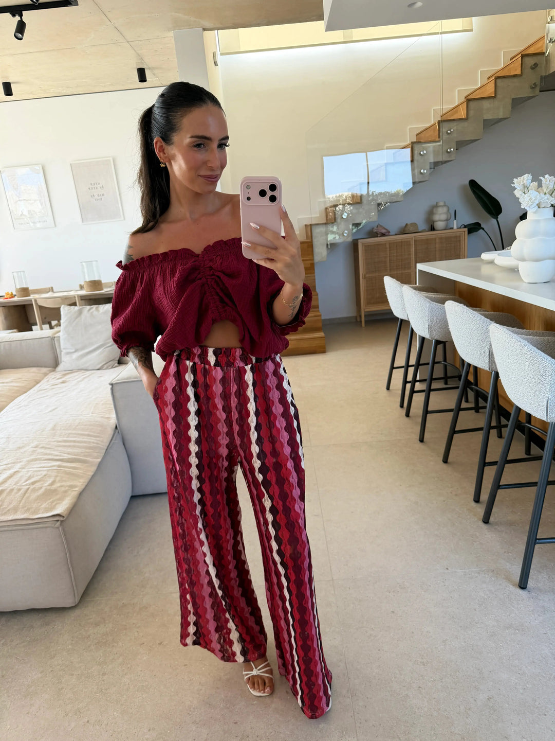 Ruched Muslin Blouse – Bordeaux – on a model | Lisa’s Boutique