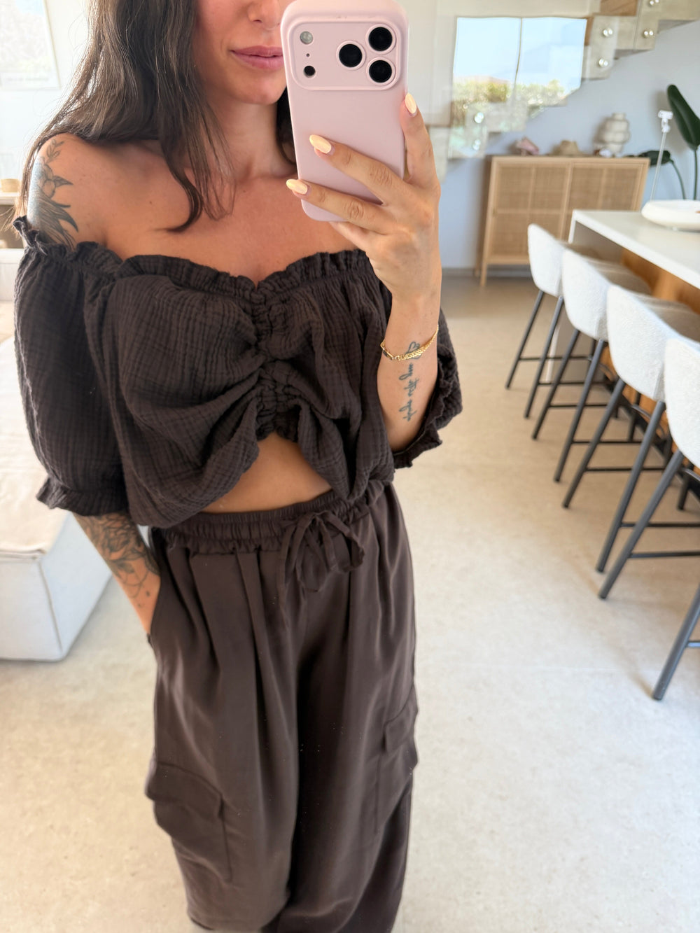 Musselin Bluse gerafft – Braun Bluse Lisas Boutique 