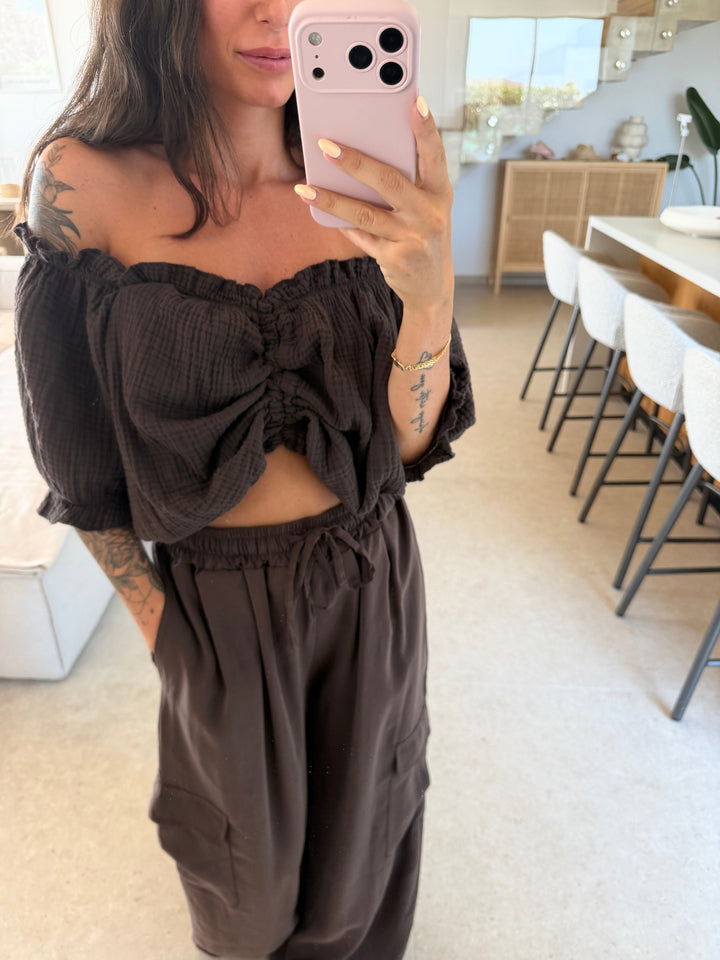 Musselin Bluse gerafft – Braun Bluse Lisas Boutique 