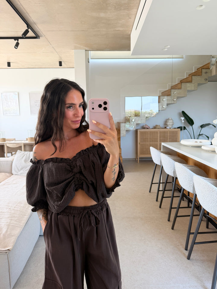 Musselin Bluse gerafft – Braun Bluse Lisas Boutique 