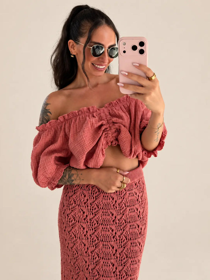 Musselin Bluse Damen in Pepper Rose mit Raffung, Volant und weiten Ärmeln | Lisa’s Boutique