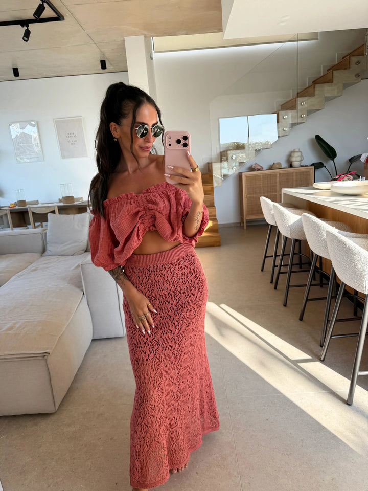 Musselin Bluse gerafft – Pepper Rose – am Model | Lisa’s Boutique