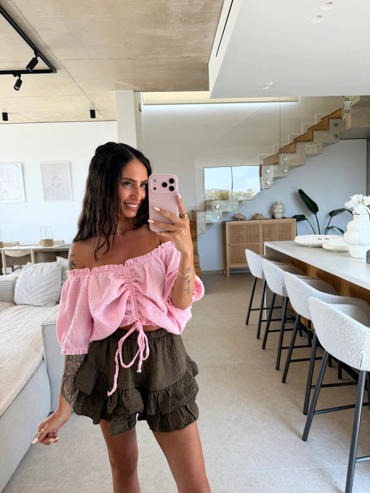Musselin Bluse gerafft – Rosa Bluse Lisas Boutique 