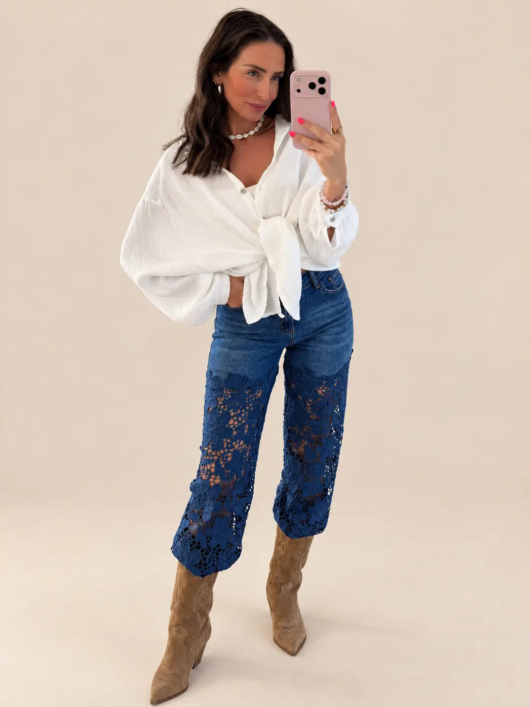 Women’s muslin blouse in White, styled in an outfit | Lisa’s Boutique