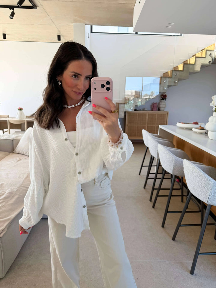 Muslin Blouse – White – on a model | Lisa’s Boutique