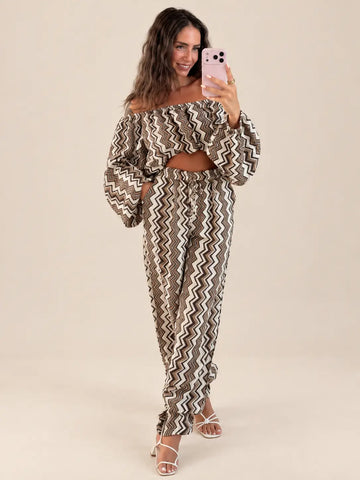 Crop top in mussola donna in marrone e crema, dettaglio | Lisa’s Boutique
