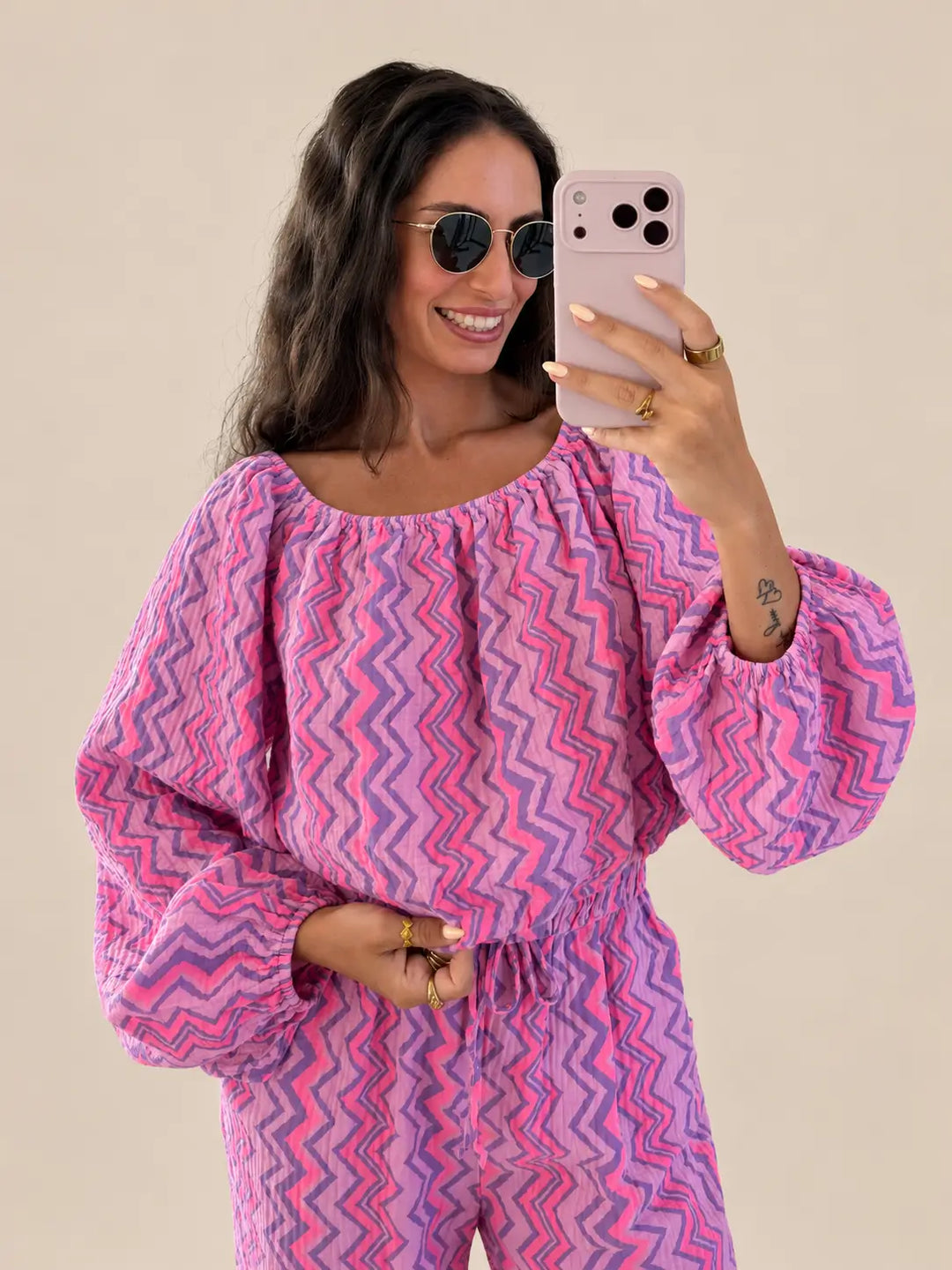 Crop top in mussola donna in lilla e rosa, dettaglio | Lisa’s Boutique
