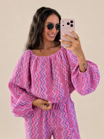 Crop top in mussola donna in lilla e rosa, dettaglio | Lisa’s Boutique