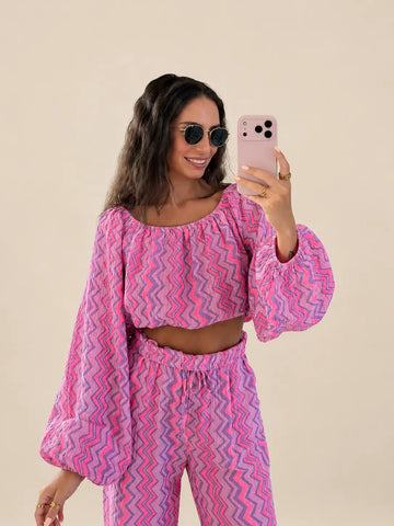 Crop top in mussola donna in lilla e rosa, vista frontale | Lisa’s Boutique