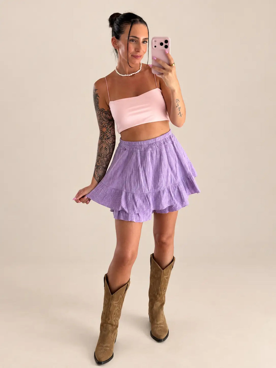 Women’s muslin skort in Lilac | Lisa’s Boutique