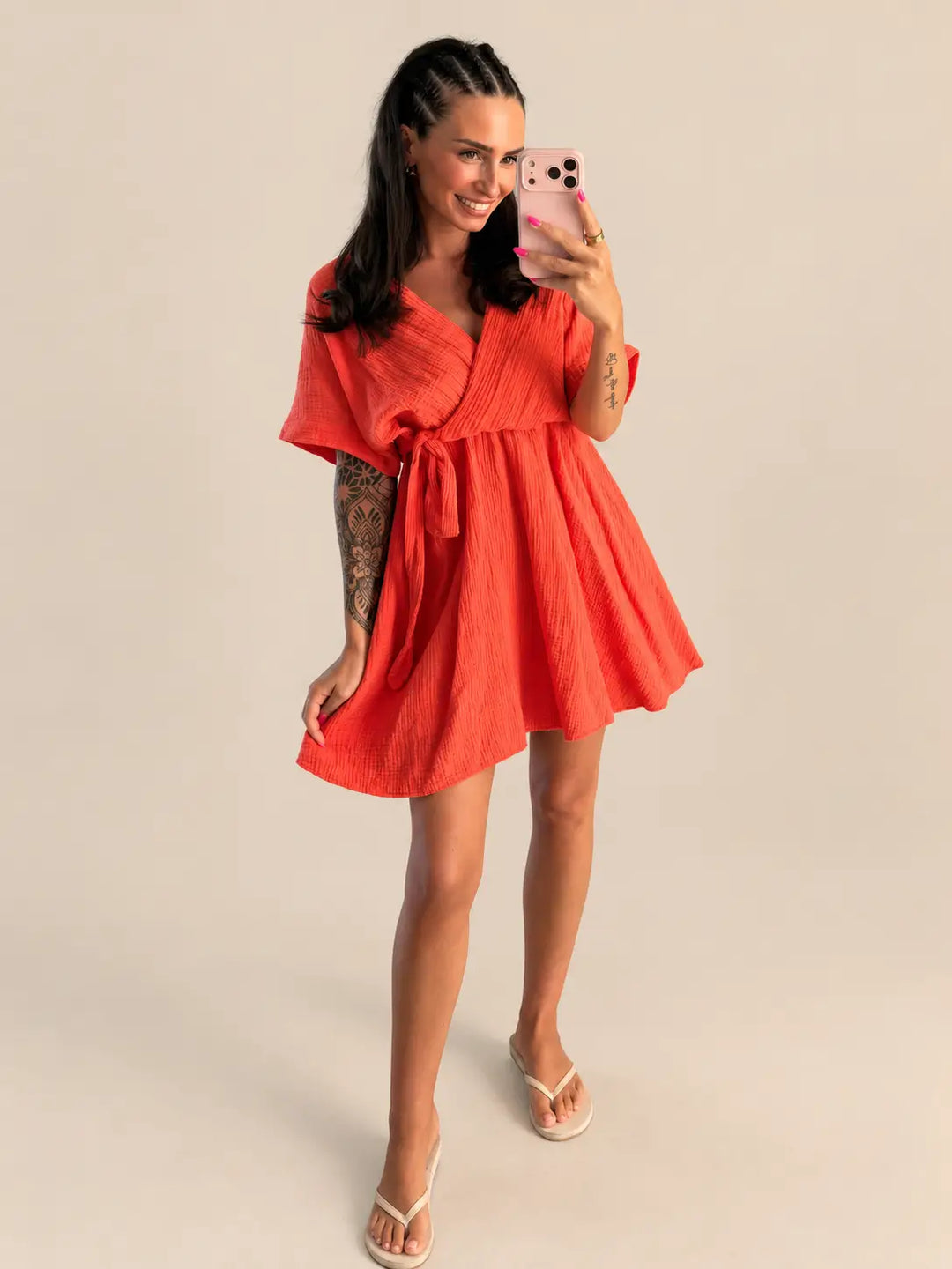 Mousseline jurk dames in Koraal | Lisa’s Boutique
