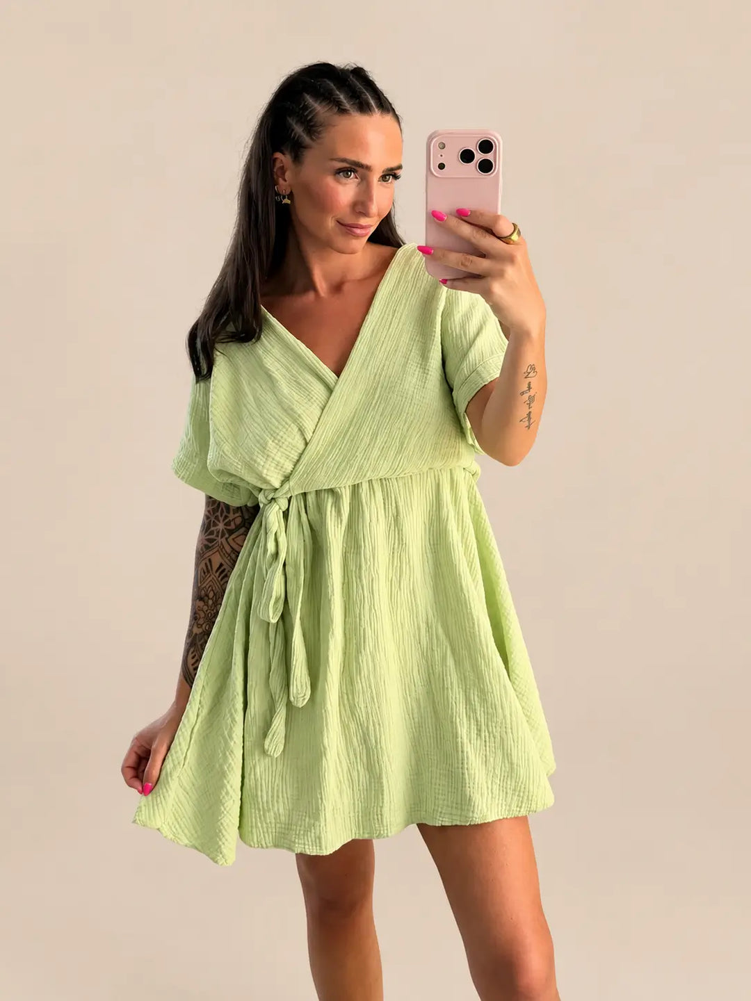 Mousseline jurk dames in Mintgroen met wikkellook | Lisa’s Boutique
