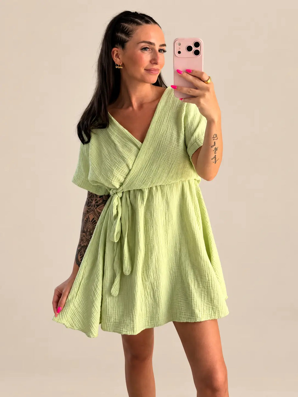 Mousseline jurk dames in Mintgroen, Detailaanzicht | Lisa’s Boutique