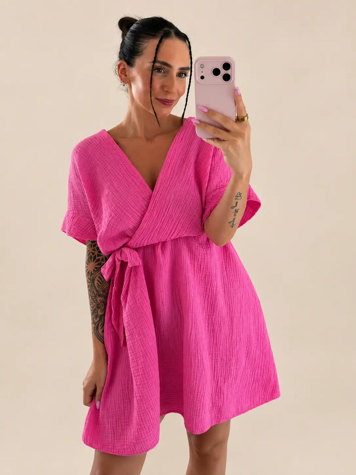 Women’s muslin dress in Hot Pink, Detail view | Lisa’s Boutique
