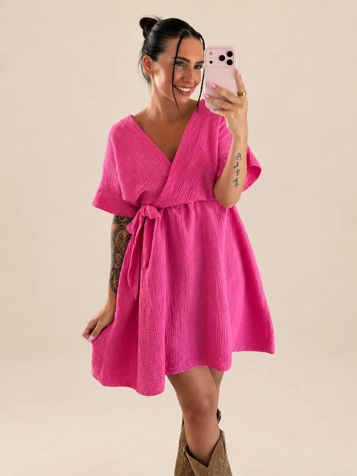 Women’s muslin dress in Hot Pink, Front view | Lisa’s Boutique