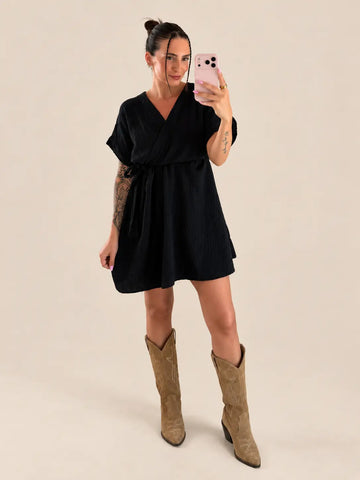 Mousseline jurk dames in zwart, detailweergave | Lisa’s Boutique