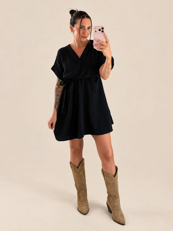 Mousseline jurk dames in Zwart, Detailweergave | Lisa’s Boutique