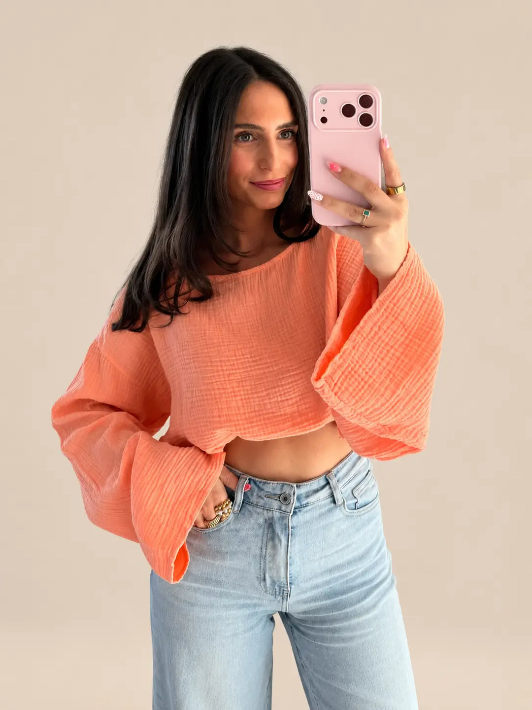 Women’s muslin long sleeve top in Apricot, Detail view | Lisa’s Boutique