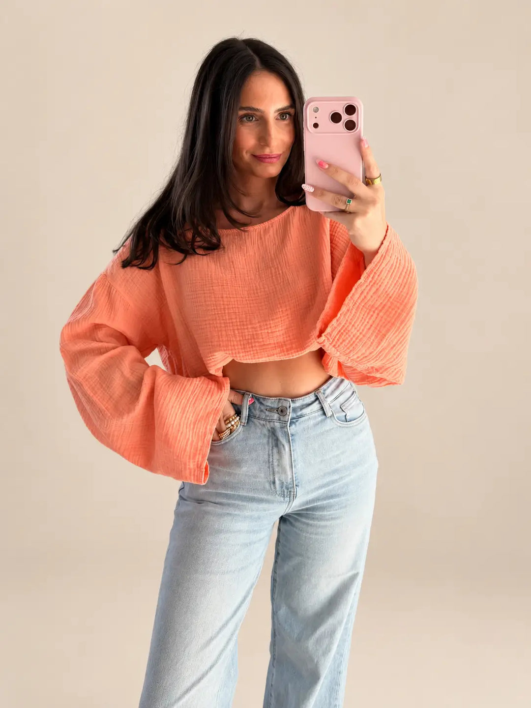 Women’s muslin long sleeve top in Apricot | Lisa’s Boutique