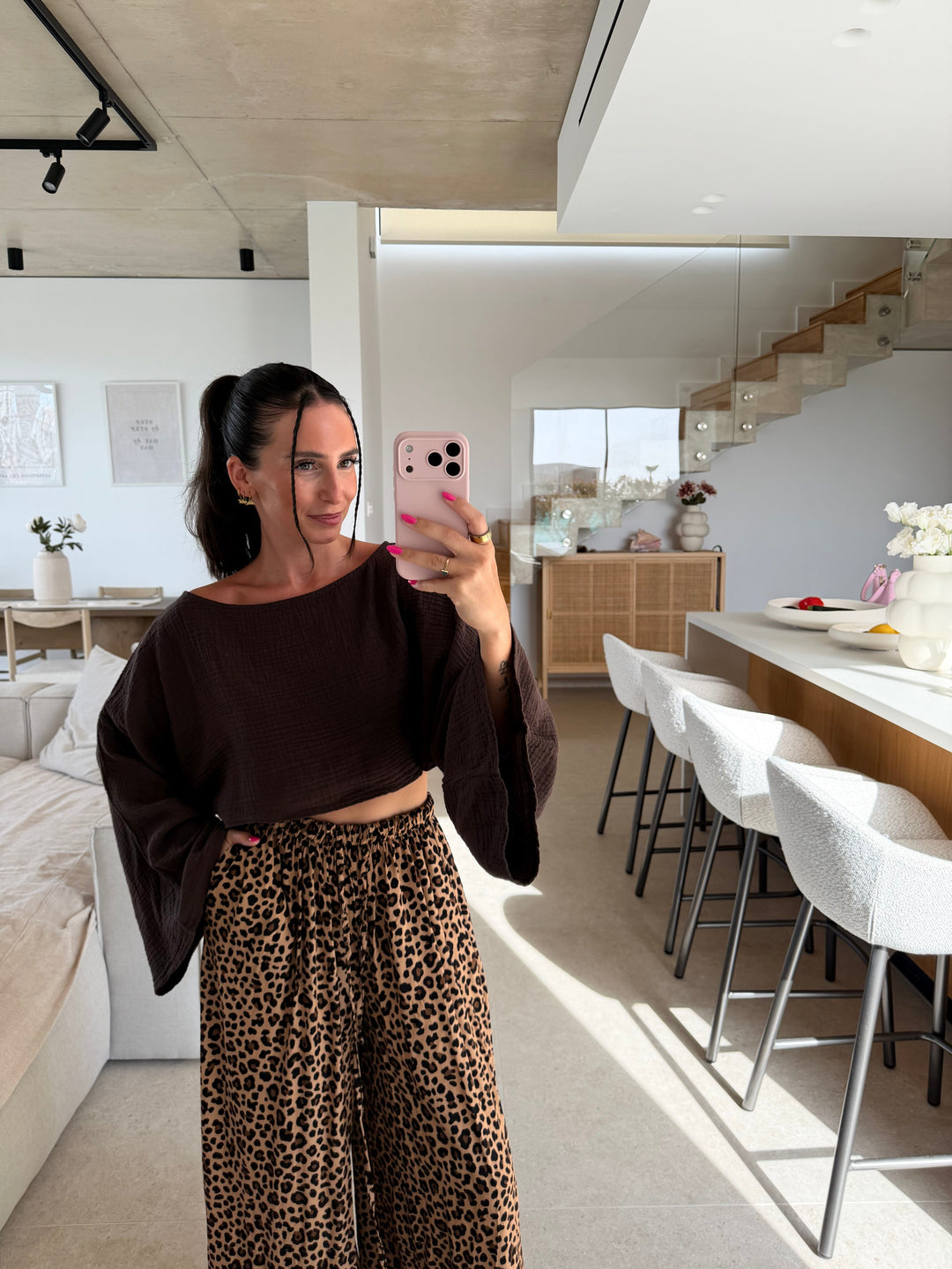 Musselin Langarmshirt Crop – Braun Shirt Lisas Boutique 