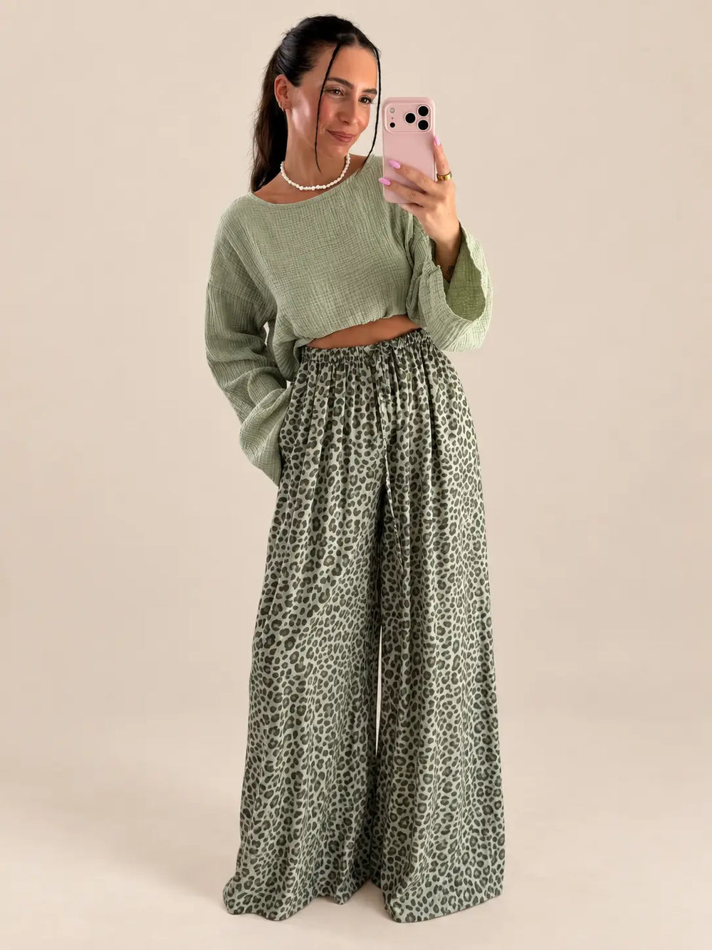 Women’s muslin long sleeve top in Khaki, Front view | Lisa’s Boutique