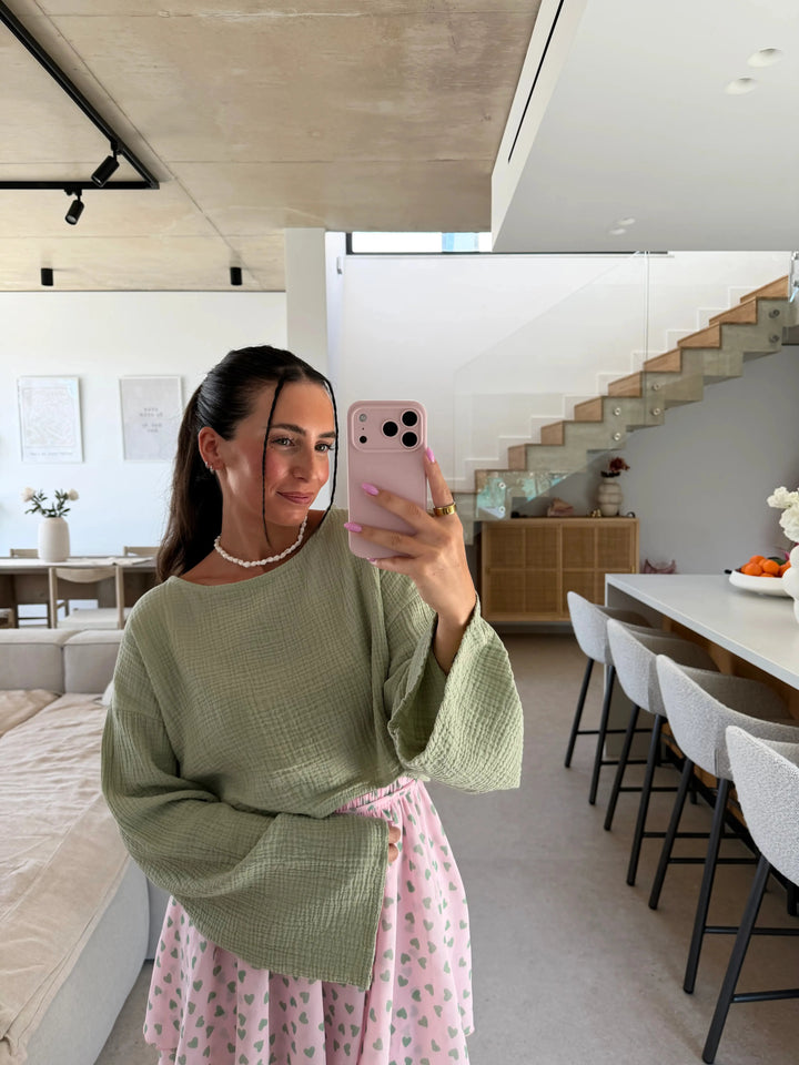 Musselin Langarmshirt - Khaki Langarm Lisas Boutique 