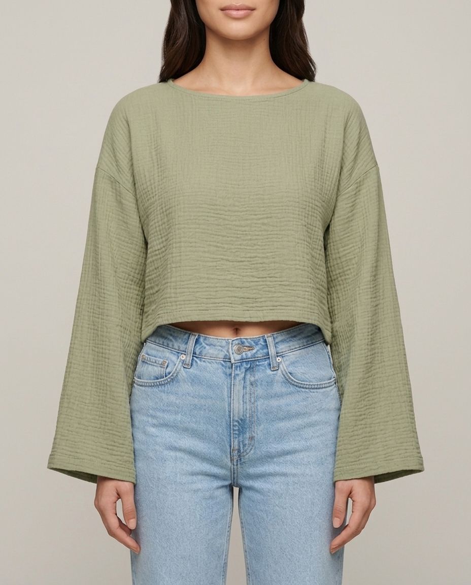 Khakifarbenes Musselin Langarmshirt Rückansicht | Lisa’s Boutique
