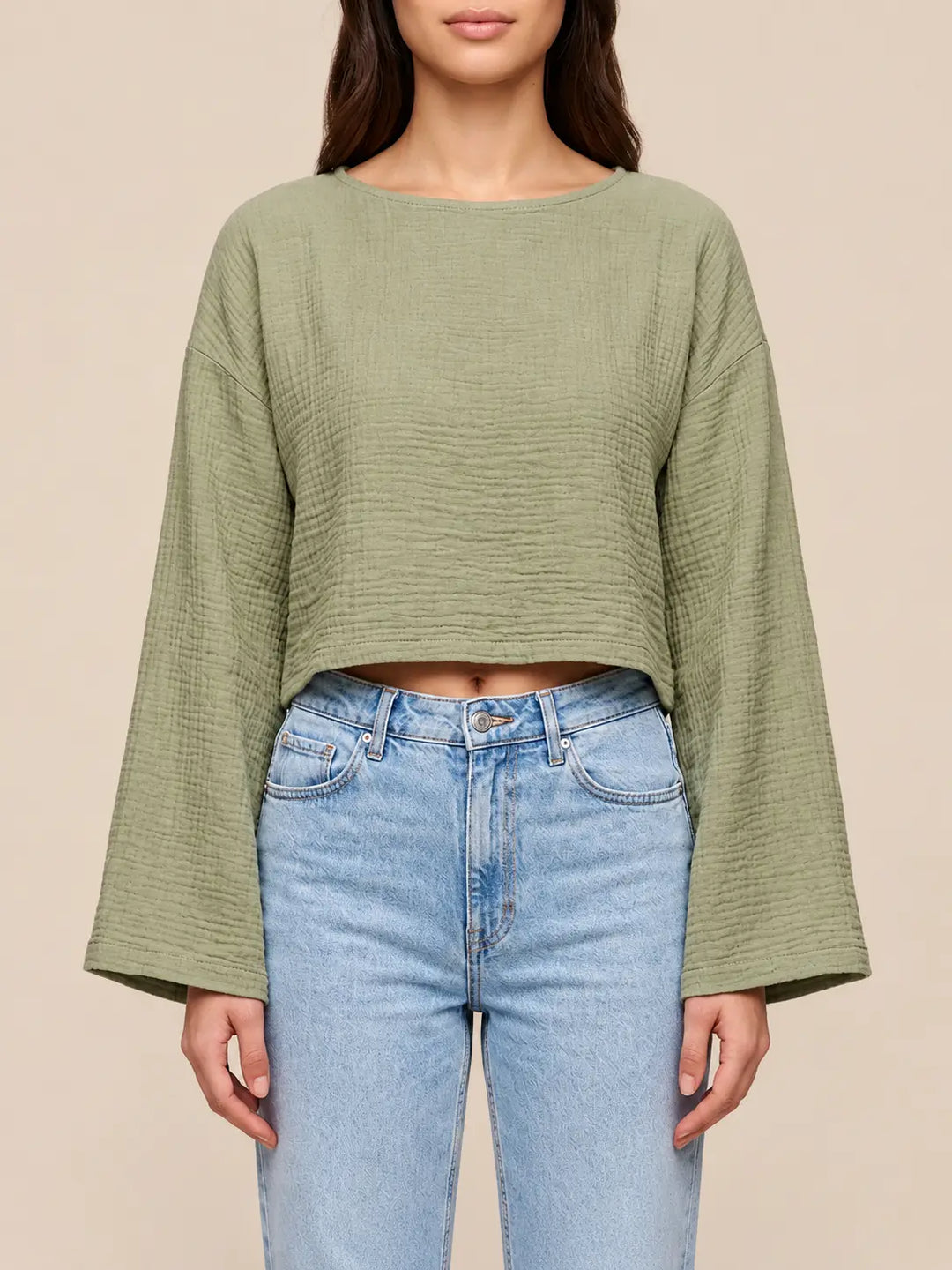 Maglia a maniche lunghe in mussola kaki, vista posteriore | Lisa’s Boutique