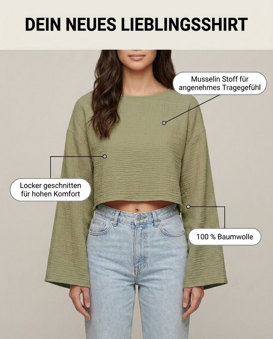 Khakifarbenes Musselin Langarmshirt Seitenansicht | Lisa’s Boutique