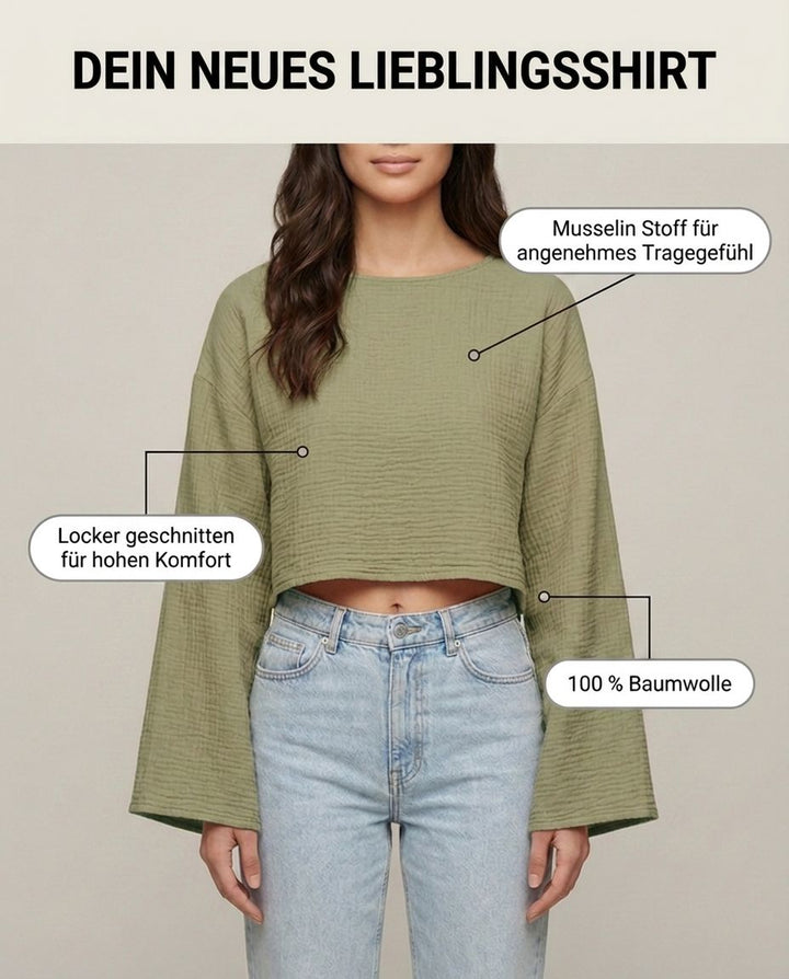 Khakifarbenes Musselin Langarmshirt Seitenansicht | Lisa’s Boutique