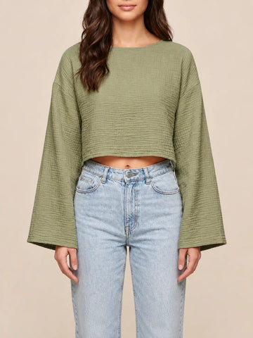 Maglia a maniche lunghe in mussola kaki, vista laterale | Lisa’s Boutique
