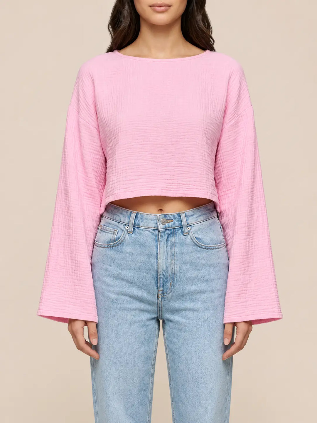 T-shirt manches longues en gaze de coton rose pour femme, vue de détail | Lisa’s Boutique