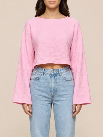 T-shirt manches longues en gaze de coton rose pour femme, vue de détail | Lisa’s Boutique