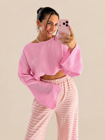 T-shirt manches longues en gaze de coton rose pour femme, détail du tissu | Lisa’s Boutique