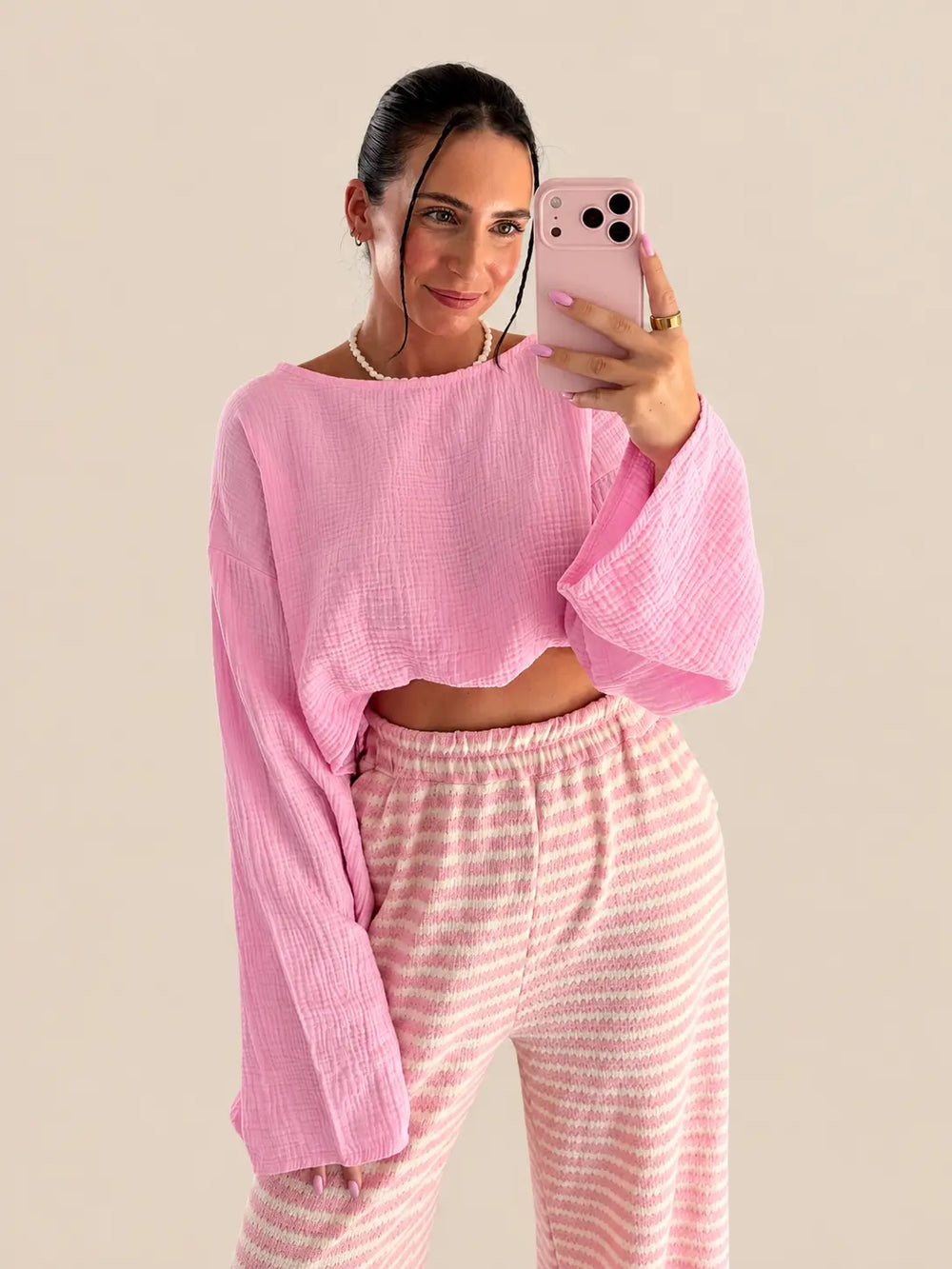 Musselin Langarmshirt Damen in Rosa, Frontansicht | Lisa’s Boutique