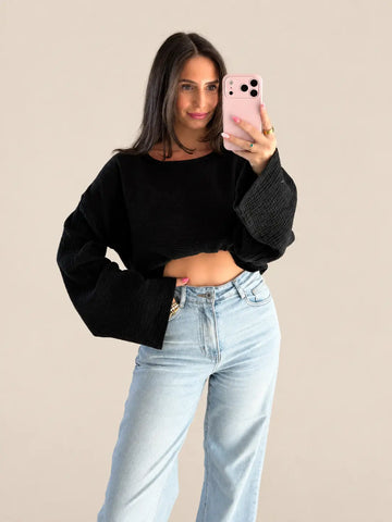 Women’s muslin long sleeve top in Black, Detail view | Lisa’s Boutique