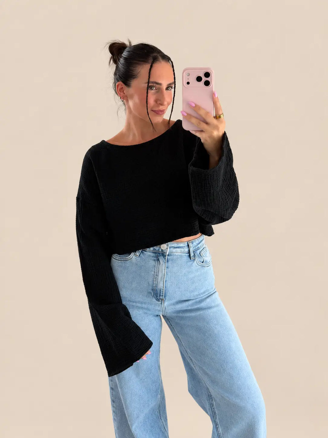 Musselin Langarmshirt Damen in Schwarz mit lockerem Schnitt | Lisa’s Boutique